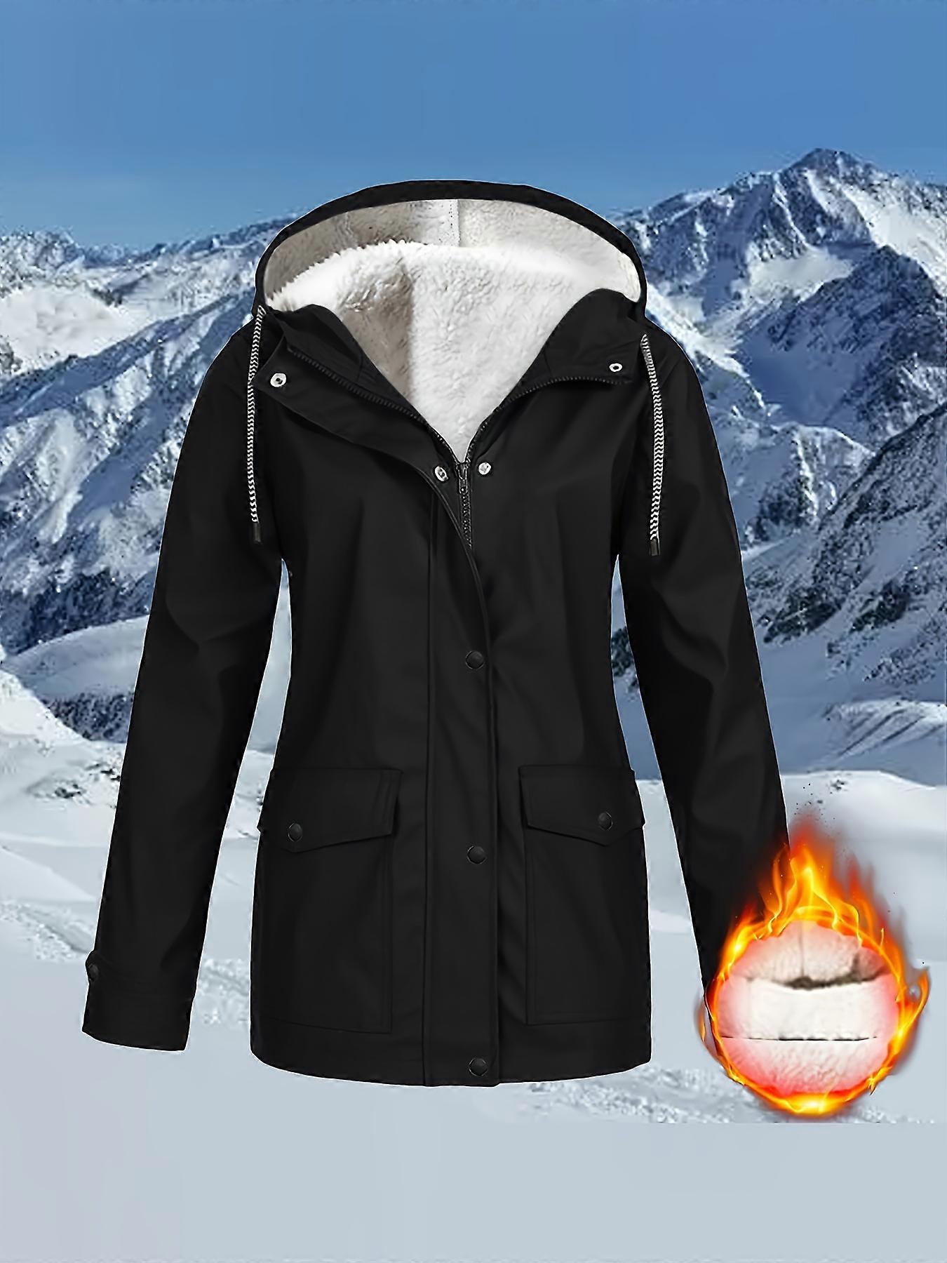 New style Women's Casual Trench Coat, Plus Size Solid Fleece Liner Long Sleeve Snap Buttons Zip Up Hooded Tunic Trench Coat With Pockets
