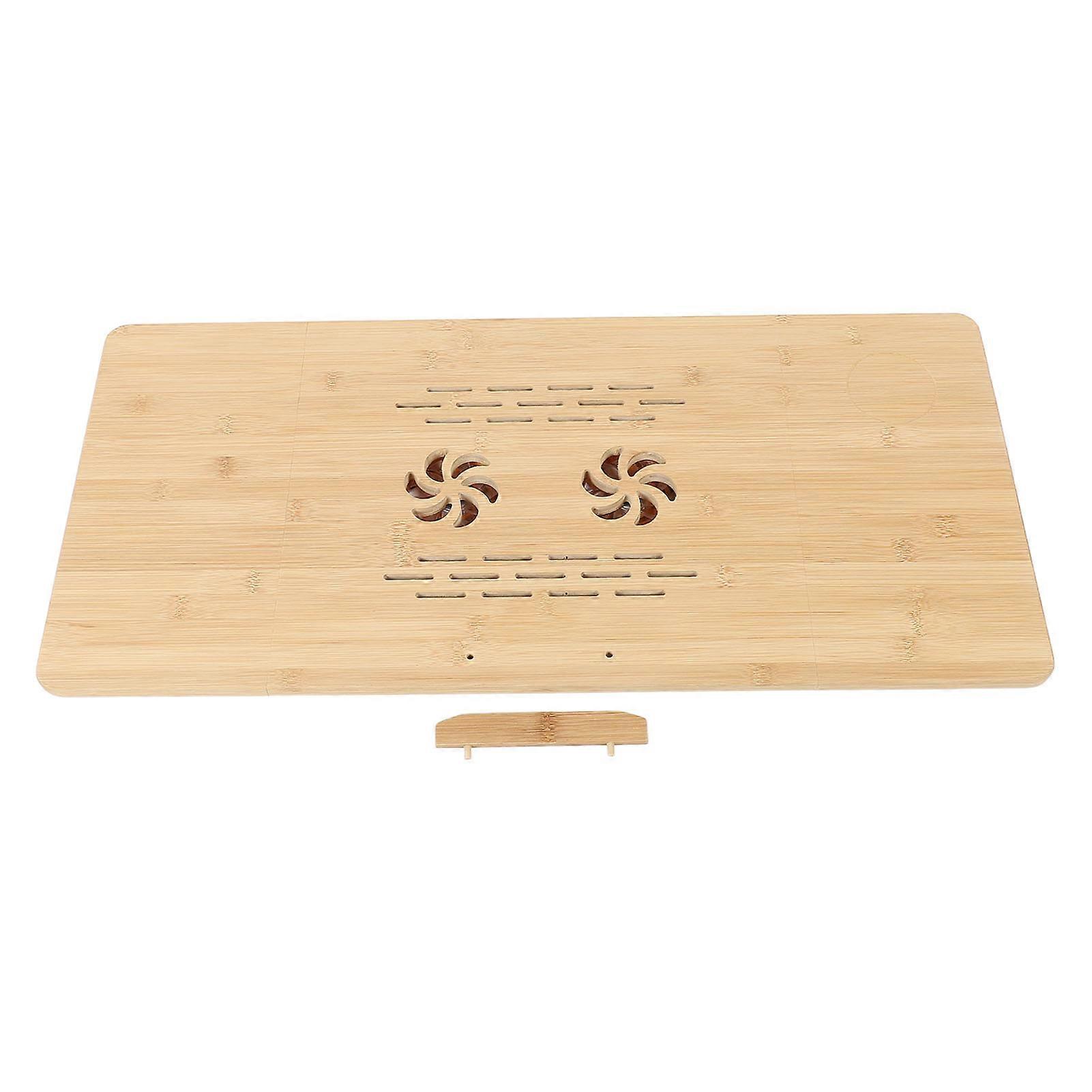 Bamboo Laptop Desk Height and Angle Adjustment Foldable Serving Bed Tray with 2 Cooling Fan and Small Storage Drawer