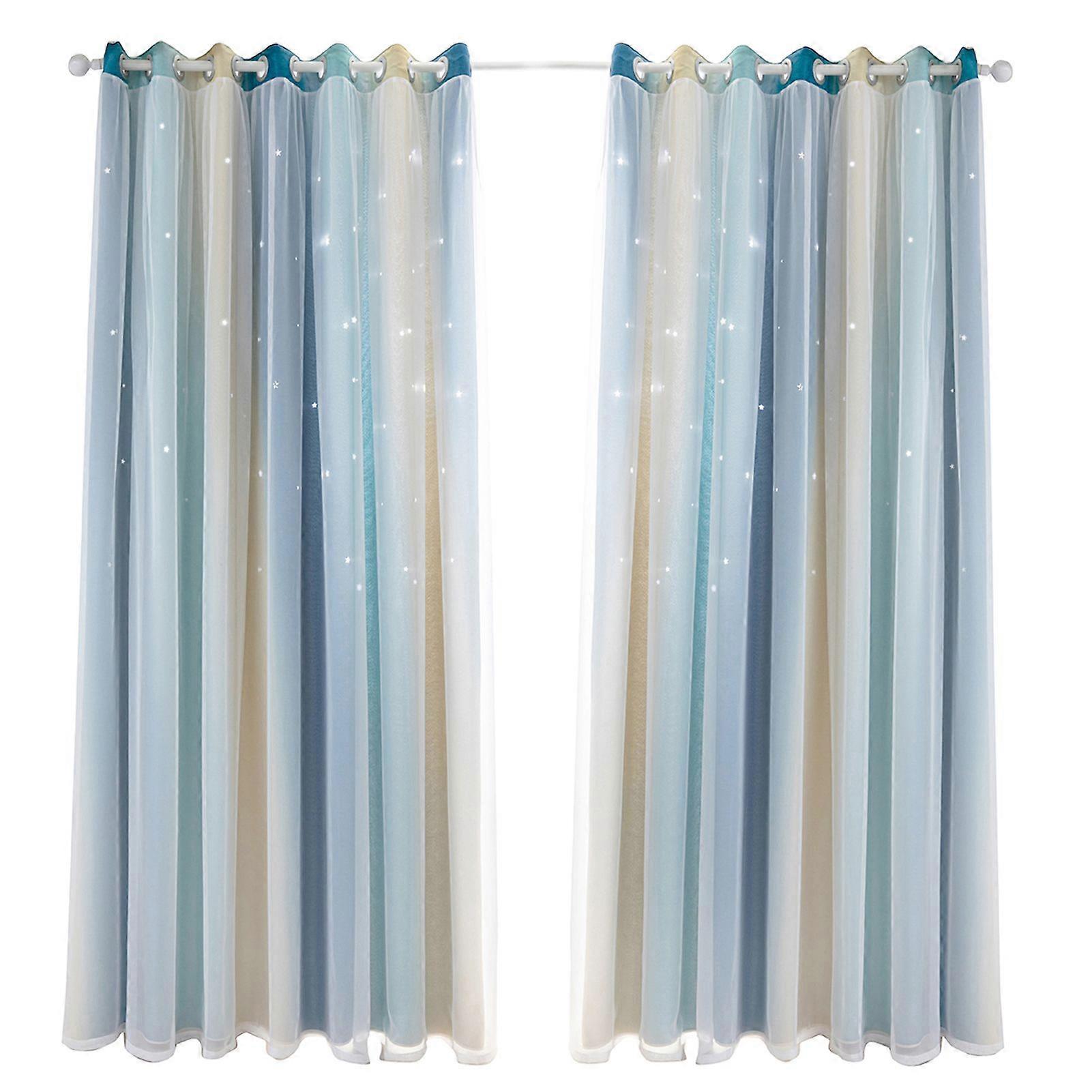 2pc Curtain Simple Gradient Hollow-out Star Pattern Double Layer Blackout Bedroom Living Room Insulation Curtain