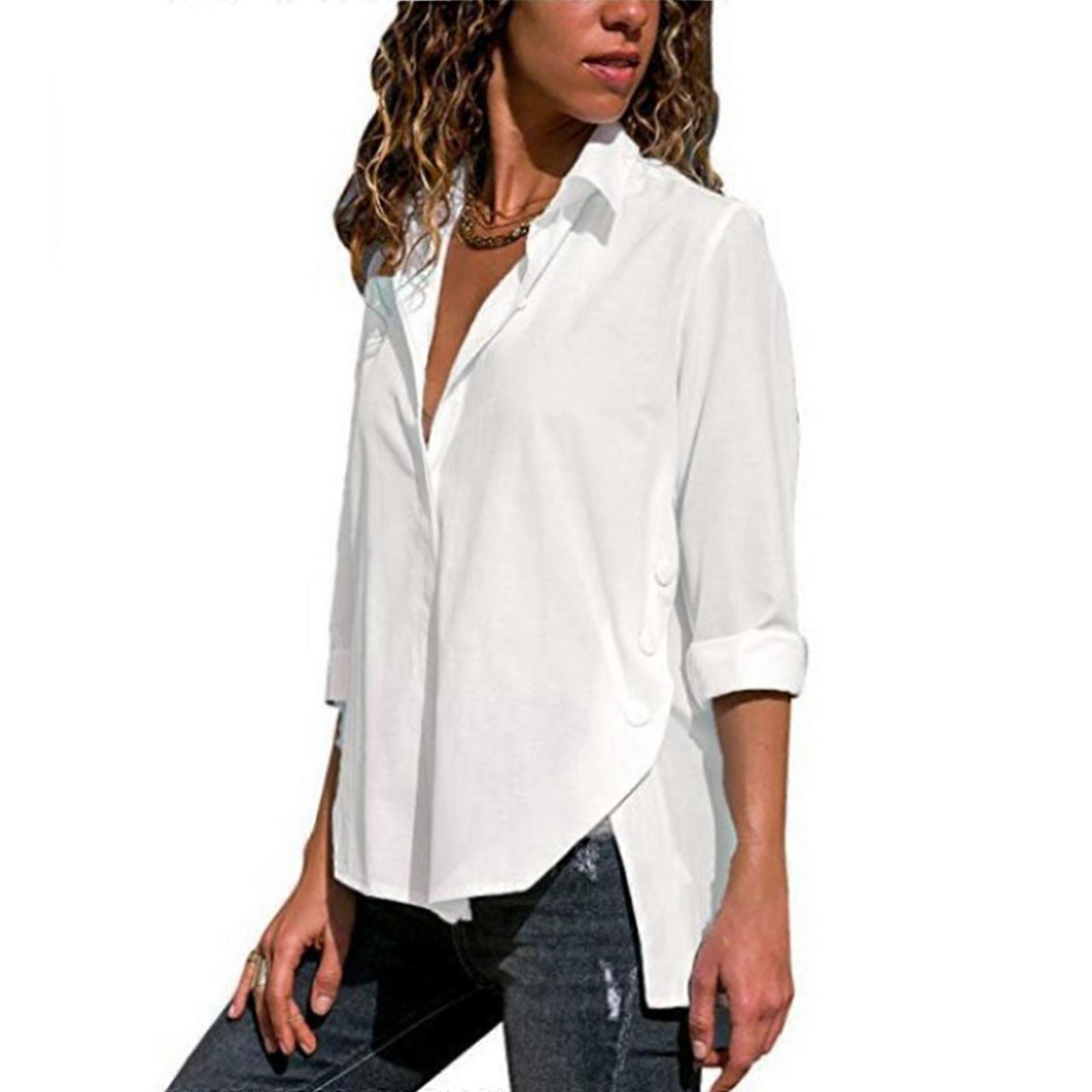 Frauen Button-Down-Hemden Langarm Chiffon Büro Casual Business Blusen Tops Dame Lockere Blusen Weiß XL