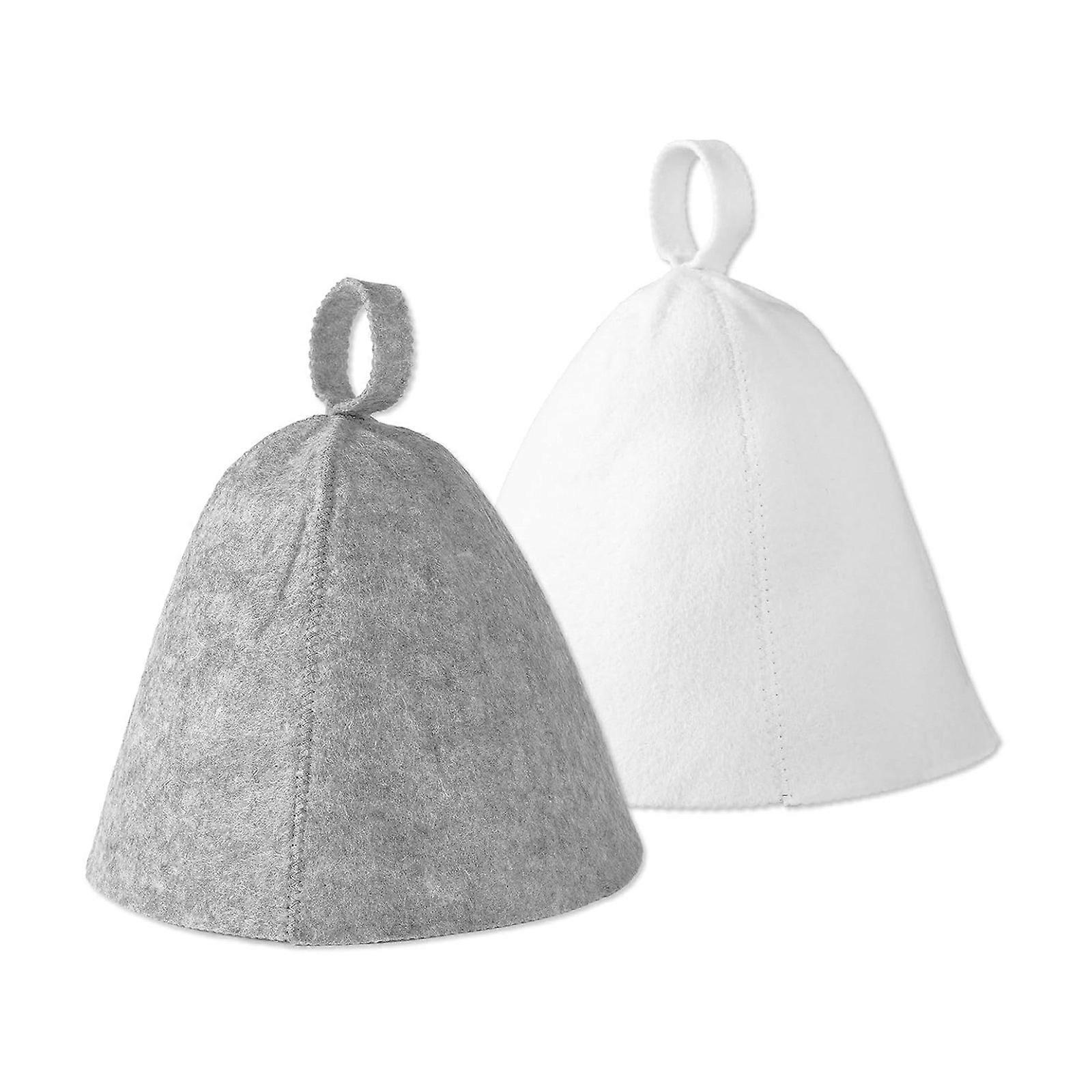 Packung mit 2 Saunakappen Wärmeschutzhut Badehut Gefilzte Wolle Textur Reise Saunahut Perfekt für Dampfbäder grau plus weiß