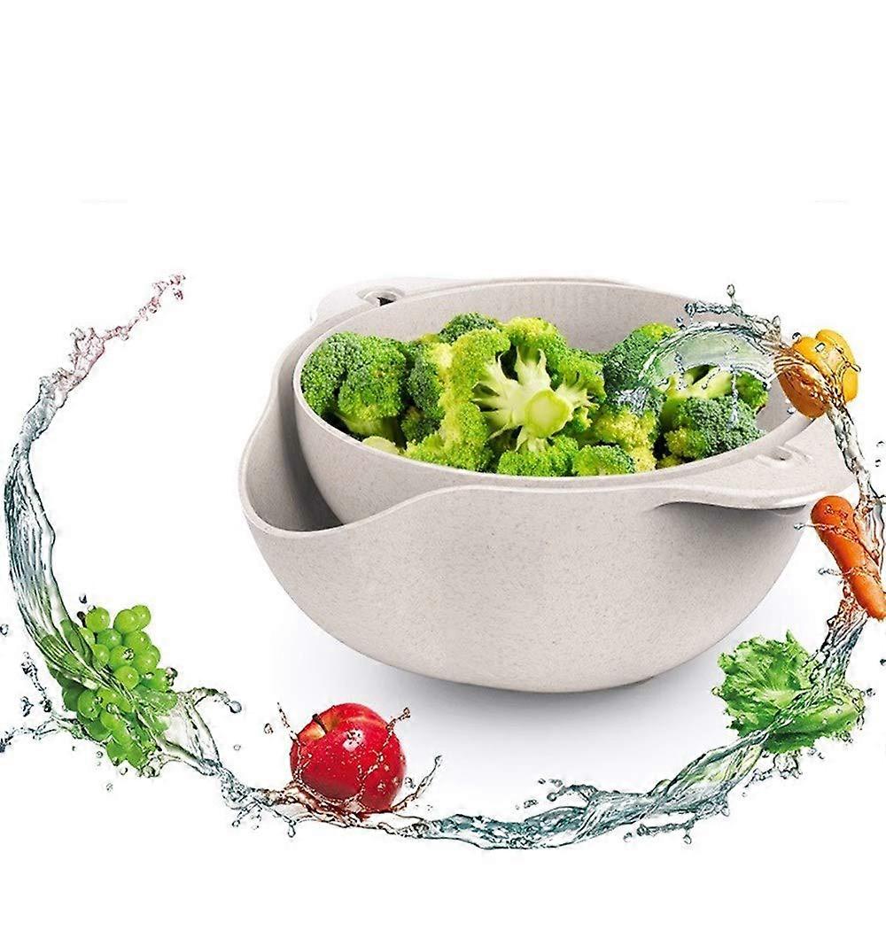 Multi -purpose kitchen strainer, double -layer rotary strainer 2 in 1, fruit strainer bowl, large wheat color