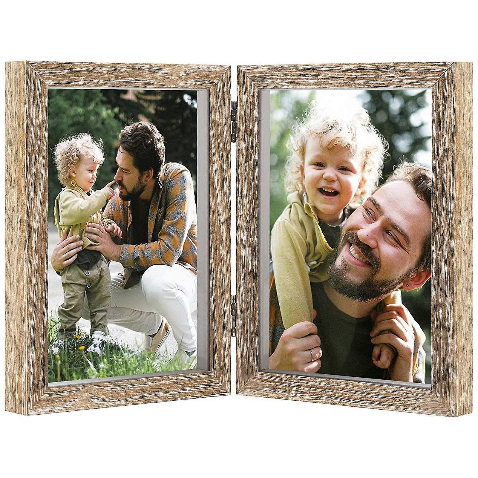 Double 5x7 Picture Frame Wood Grain Shadow Box Photo Frame Dual Openings