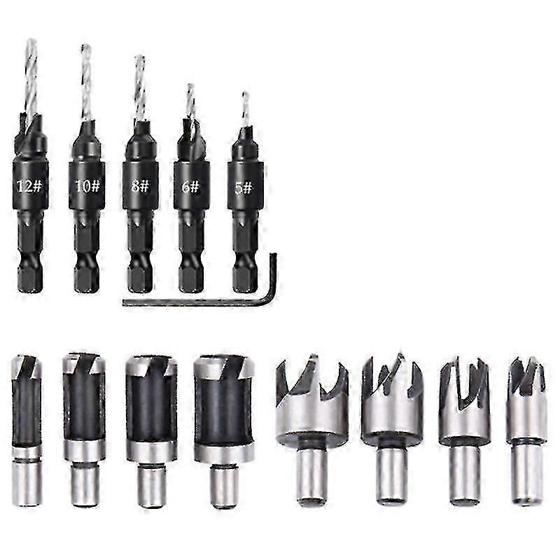 14 Pcs Wood Plug Hole Cutter Set, Chamfered Drill Bits with Five-slot Countersink, 1/4 Inch Drill Bit
