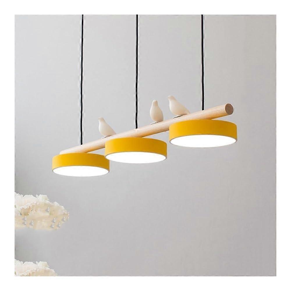 Modern Pendant Light, Linear LED with 3 Lights, Dimmable, Nordic Bird, Wooden Ceiling Light for Kitchen (Yellow)