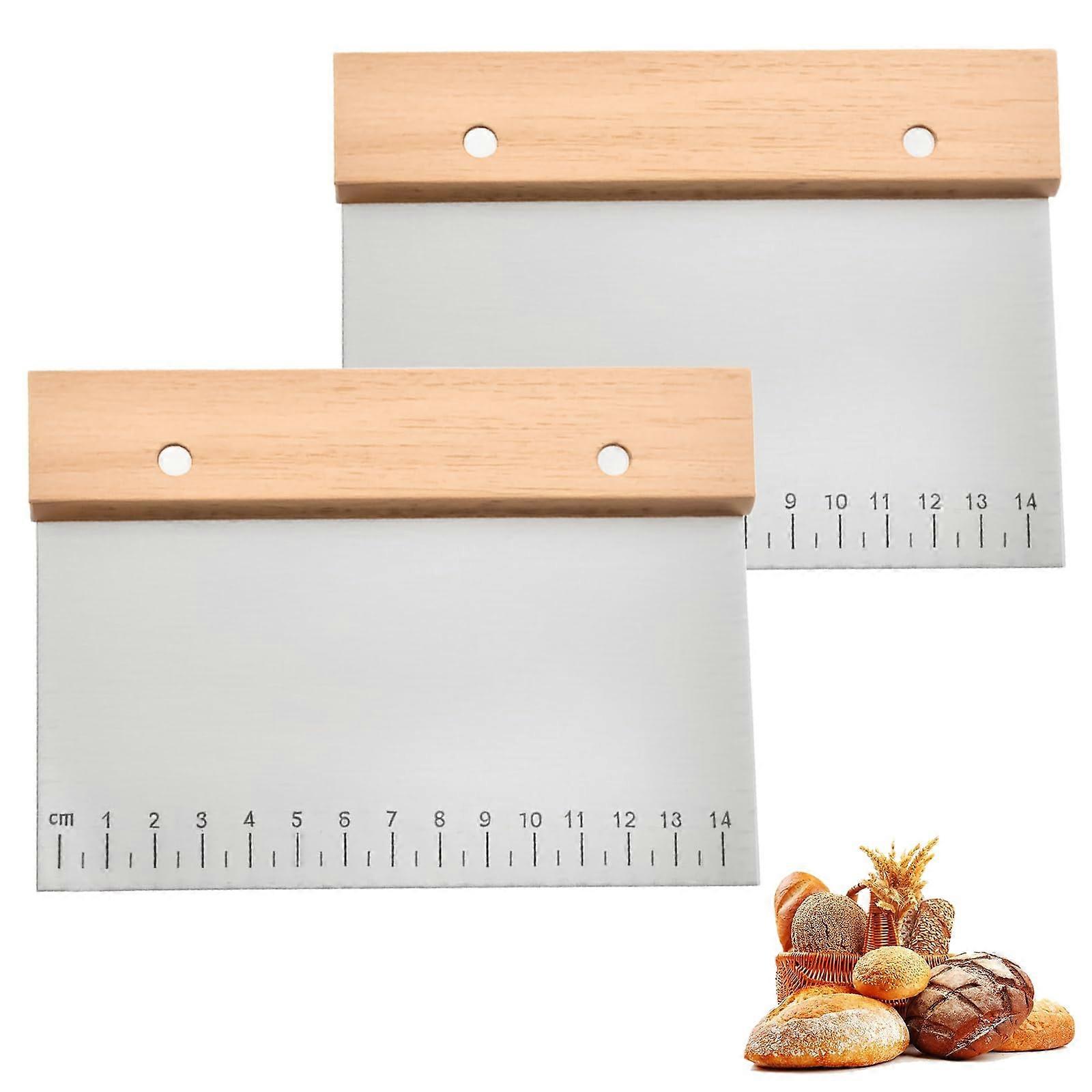 Dough Scrapers 2-Piece Set And Cutter Stainless Steel With Wooden Handle And Scale For Cakes Pizza Home And Pro Kitchens