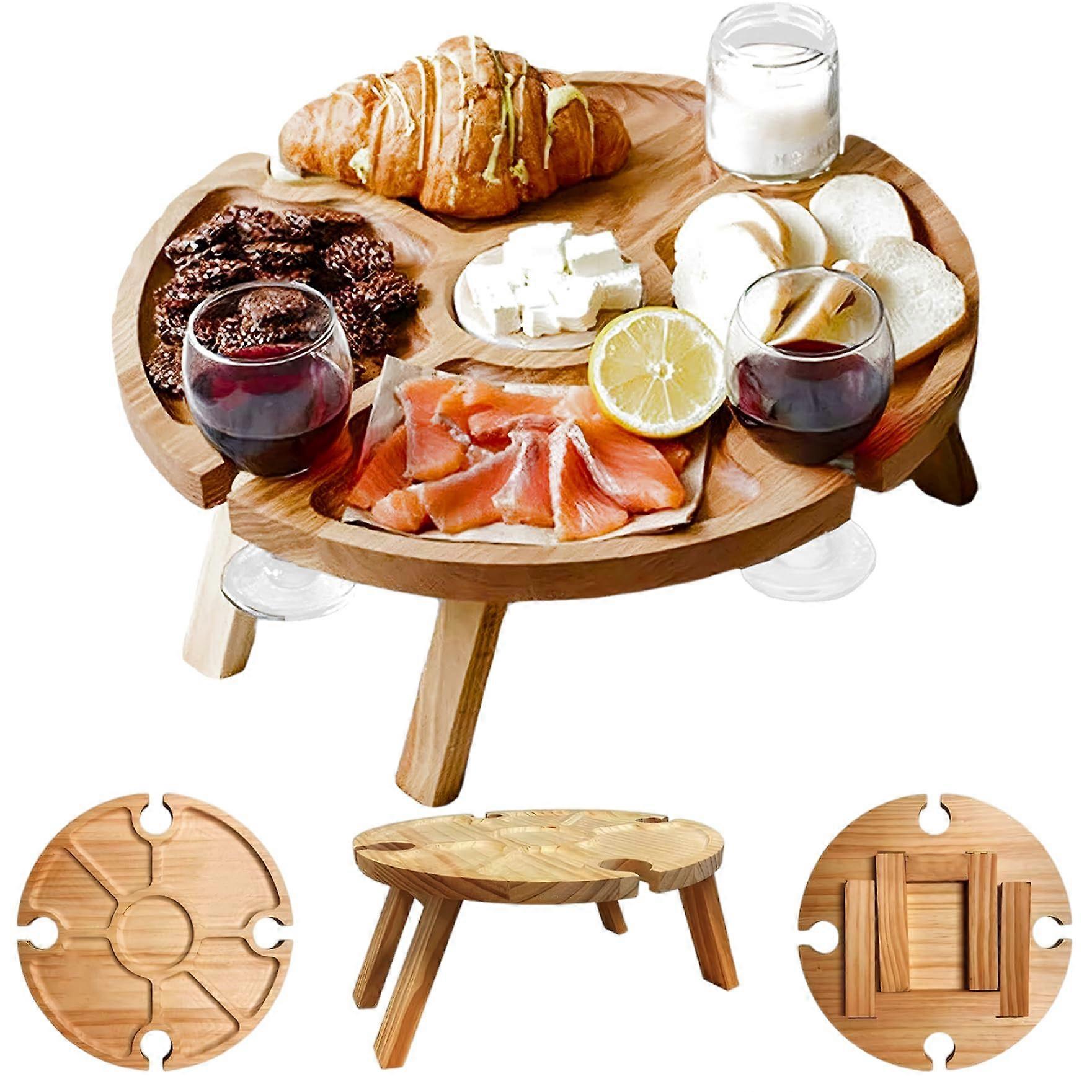 Low Base Table, 12 x 6 Inch Wooden Folding Picnic Table with 4 Glasses Holders, Slide Compartment for Hiking, Camping, Party, Travel