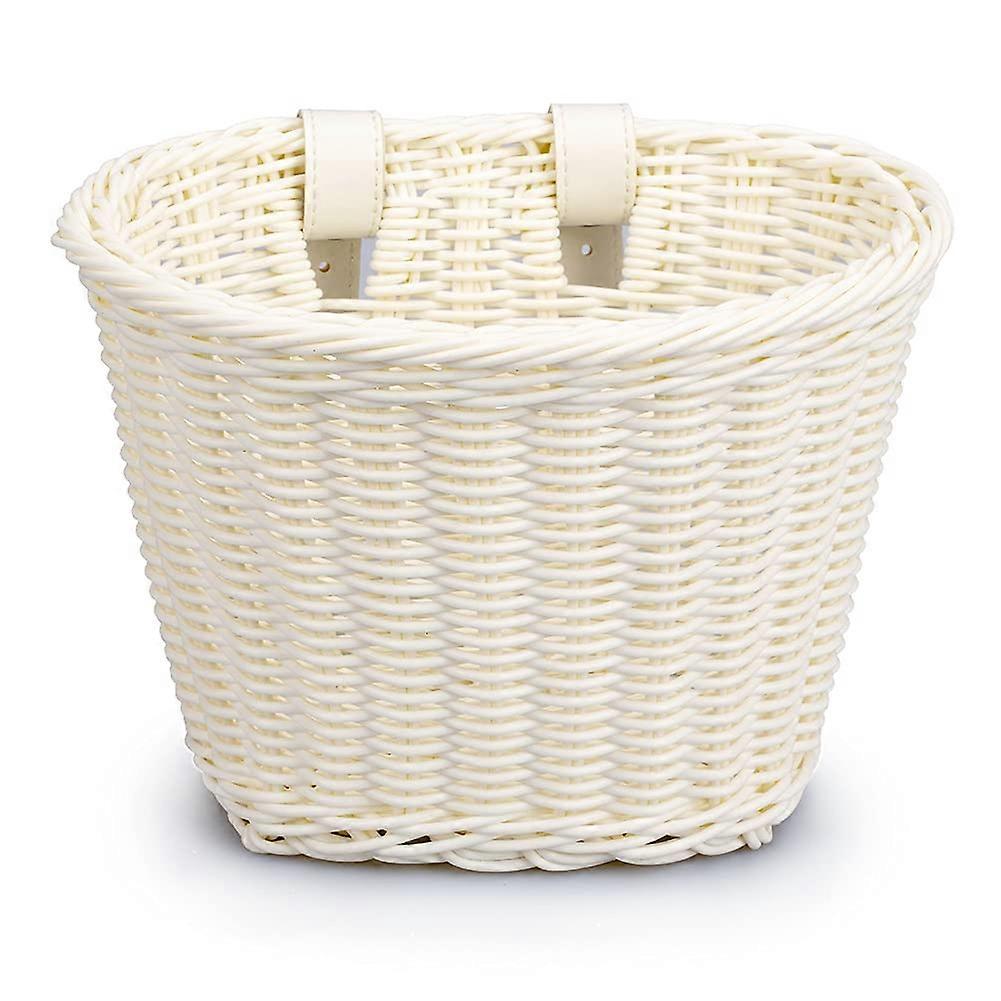 Artificial Wicker Front Bicycle Basket Vintage Style with Leather Straps for Luggage Rack - White Color