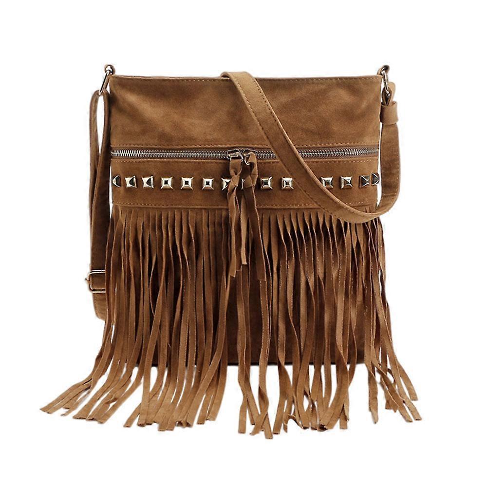 Velvet Crossbody Pouch with Tassel Rivet Detail, Single Shoulder Handbag for Daily Use, Fashionable Design, Camel Color
