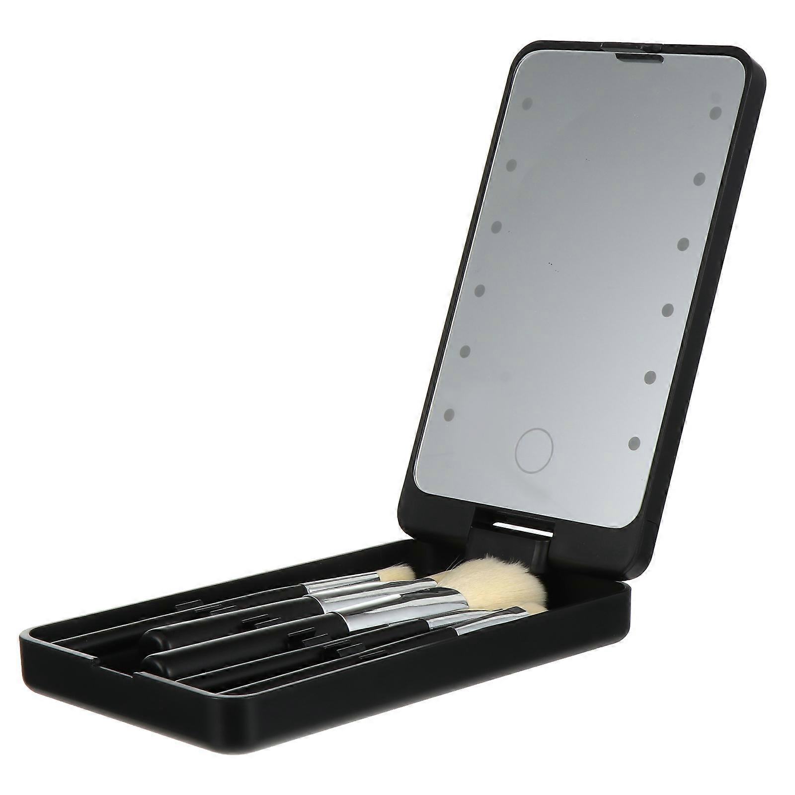 Compact LED Mirror with Brush Storage for Makeup Use ABS Material Black Color Fits in Purse 3.5 x 2.5 Inches