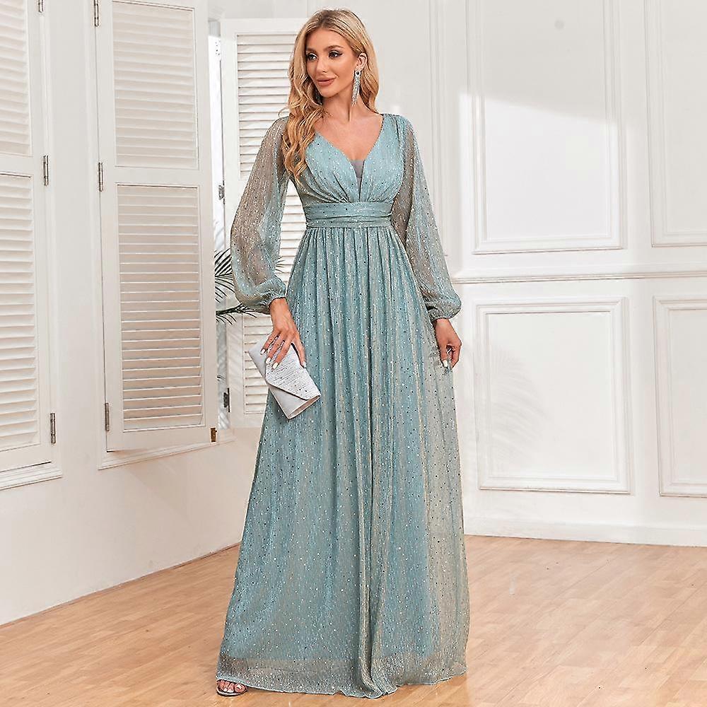 GMXIA Spring Autumn Women's Sparkly Pleated Elastic Perspective Long Sleeve V-neck A Skirt Full Lined Elegant Evening Dress