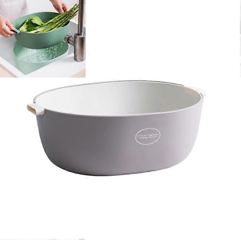 Kitchen Rice Pan Double-dish Vegetable Drain Basket Plastic Fruit Basket U Shape Light Gray