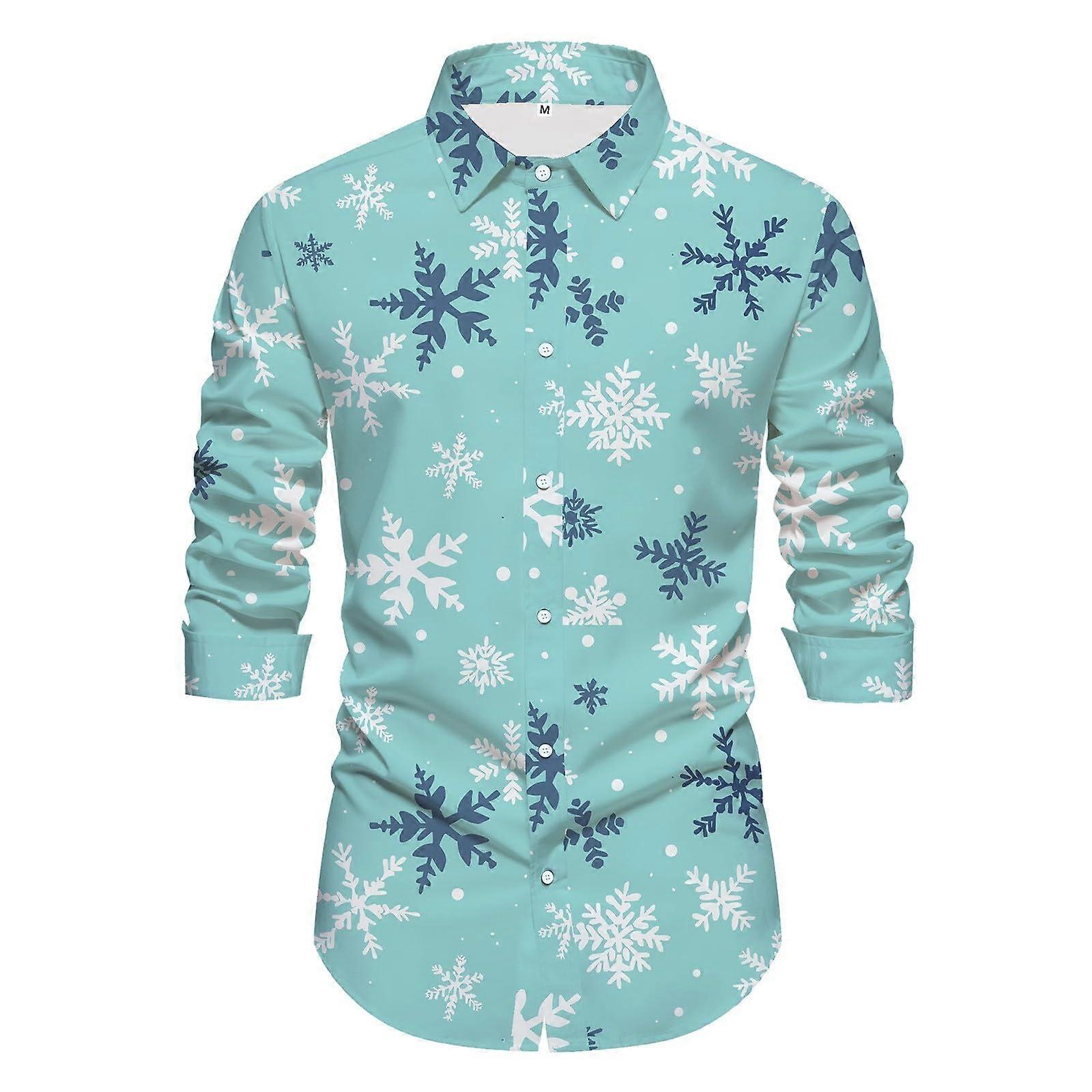 Christmas Shirt Men's Regular Fit Button Down Hawaiian Xmas Shirt 3D Printed Comfortable Stretch Fabric Size S Blue