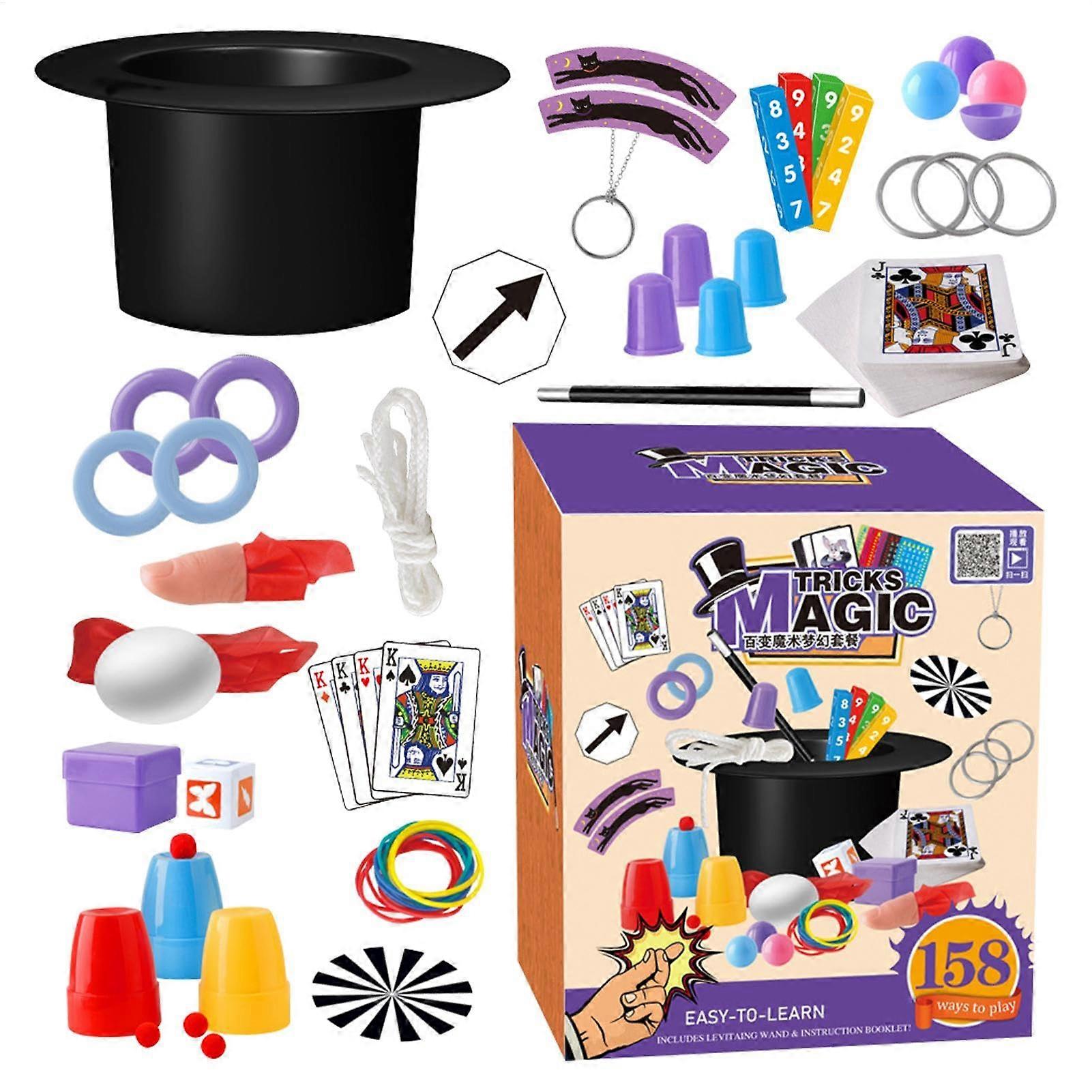 22 Piece Magic Box Set for Children Aged 6-12 Years, Includes Magic Hat, 158 Magic Tricks and Props