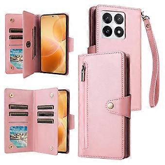 Para Xiaomi 14T Pro Funda Cremallera Cartera Soporte de Cuero Funda Teléfono Remache Decoración - Oro Rosa