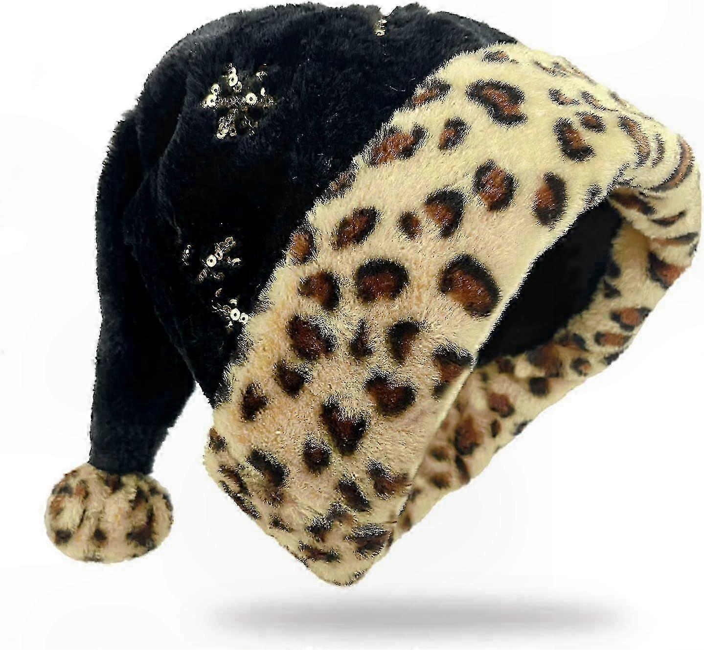 Festive Santa Hat with Leopard Print and Sequin Trim for Holiday Celebrations