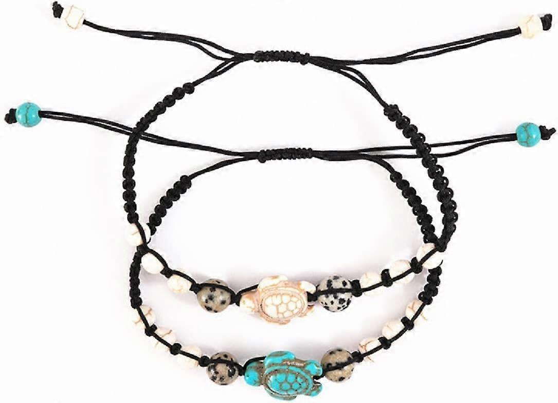 2pcs Bohemian Turquoise Turtle Beaded Braided Bracelet Set Adjustable