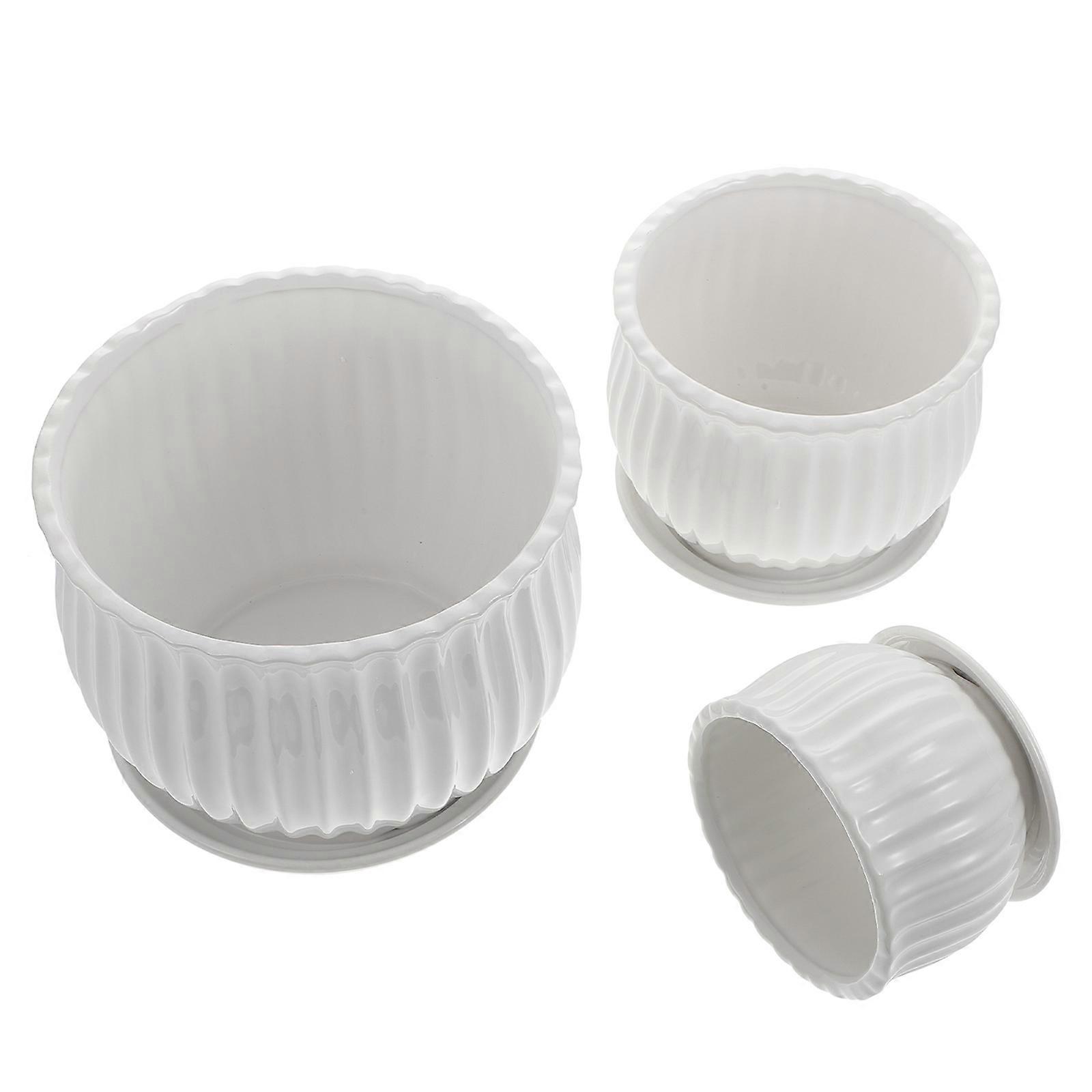 Ceramic Planter Pot Vertical Stripes Patio White Storage Solution 3sets