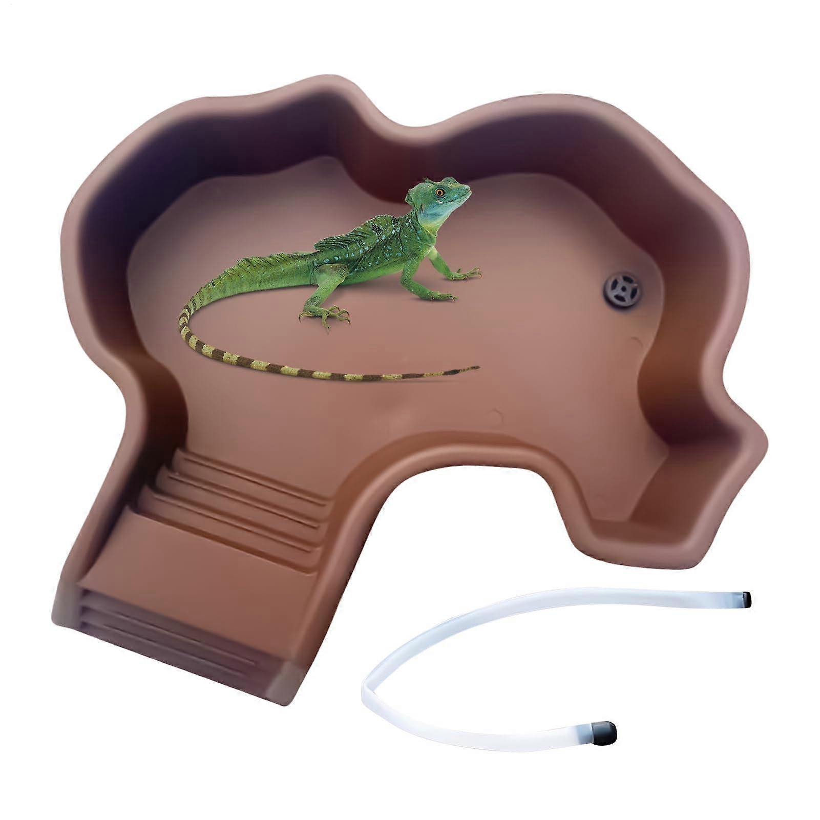 Reptile Pool Tortoise Water Bowl with Ramp and Drainage - Soaking Tub for Aquatic Crabs, Leopard Gecko, Bearded Dragon