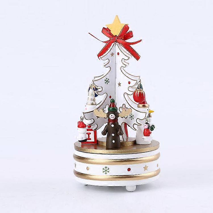 White Carousel Music Box with 4 Figurines, Wooden Rotating Wind-Up Christmas Tree