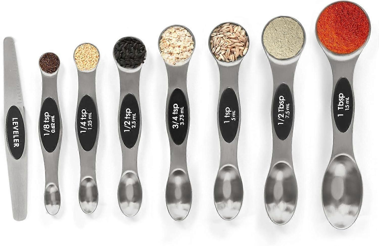 Magnetic Measuring Spoons Set Stainless Steel with Leveler, Stackable Metal Tablespoon Measure Spoon for Baking, Measuring Cups and Spoon Set Kitchen