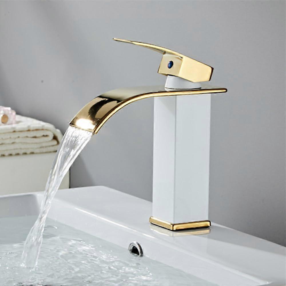 Bathroom Basin Faucet Waterfall LED White Solid Brass Deck Mounted Single Handle Sink Mixer Tap Model SLT093 WG