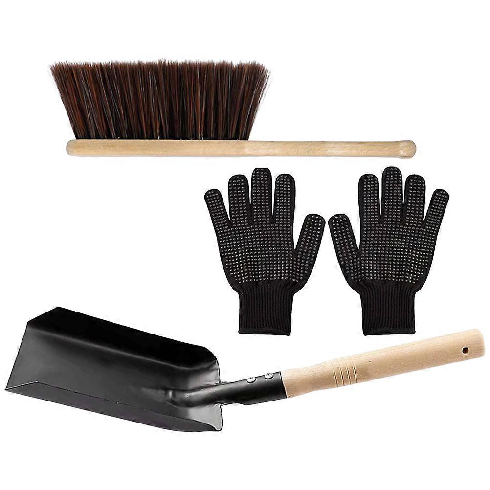 Fireplace Cleaning Set Wood Handle Brush Duster Silicone Gloves Indoor Fireplace Use Multi Color 1 Set