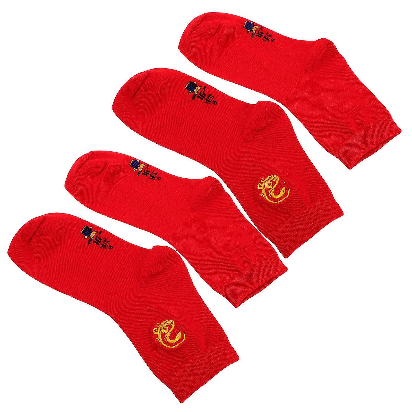 Red Socks for Snake Year 4Pcs Cotton Unisex Red Socks with Snake Embroidery Pattern for Adults
