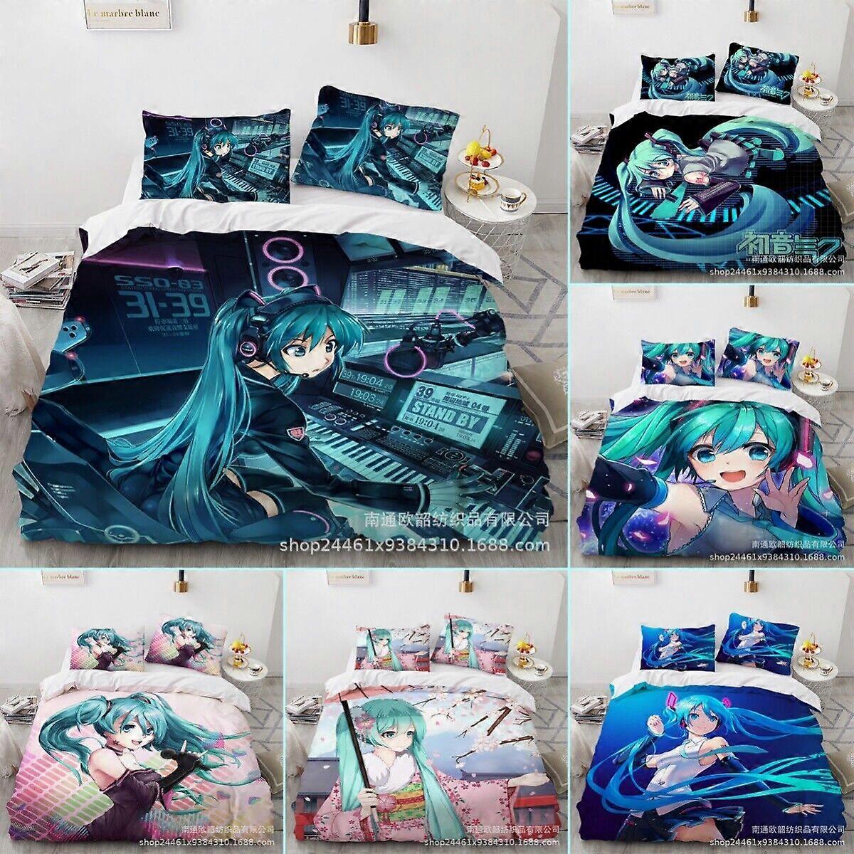 Hatsune Miku 3D sengetøysett, 3 stk. dynetrekk, sovesal, enkeltseng, dobbeltseng, gave