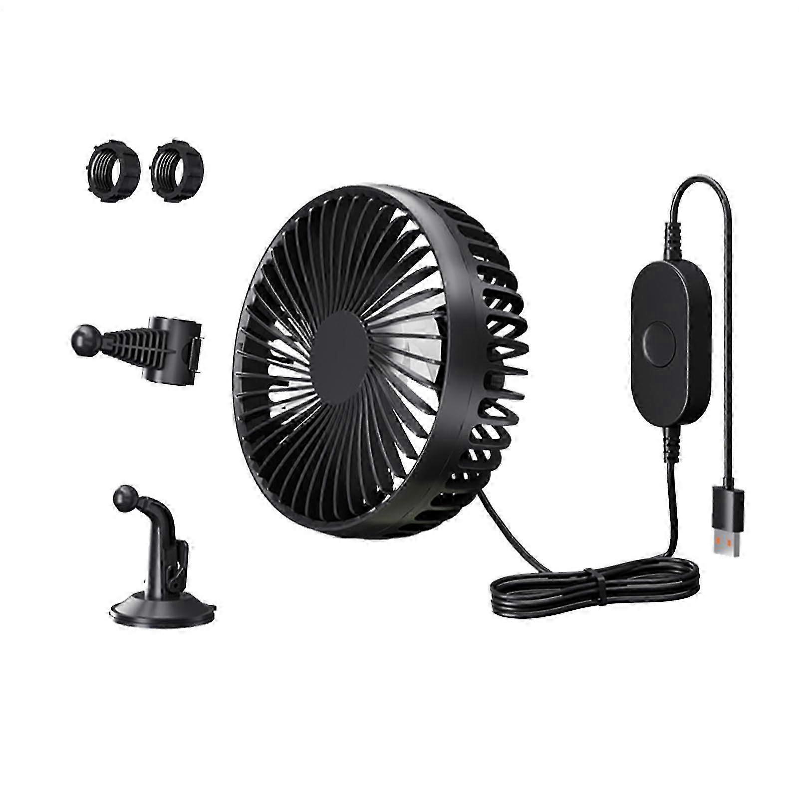 USB Fan for Car USB Rechargeable with Suction Cup 360 Swivel Black