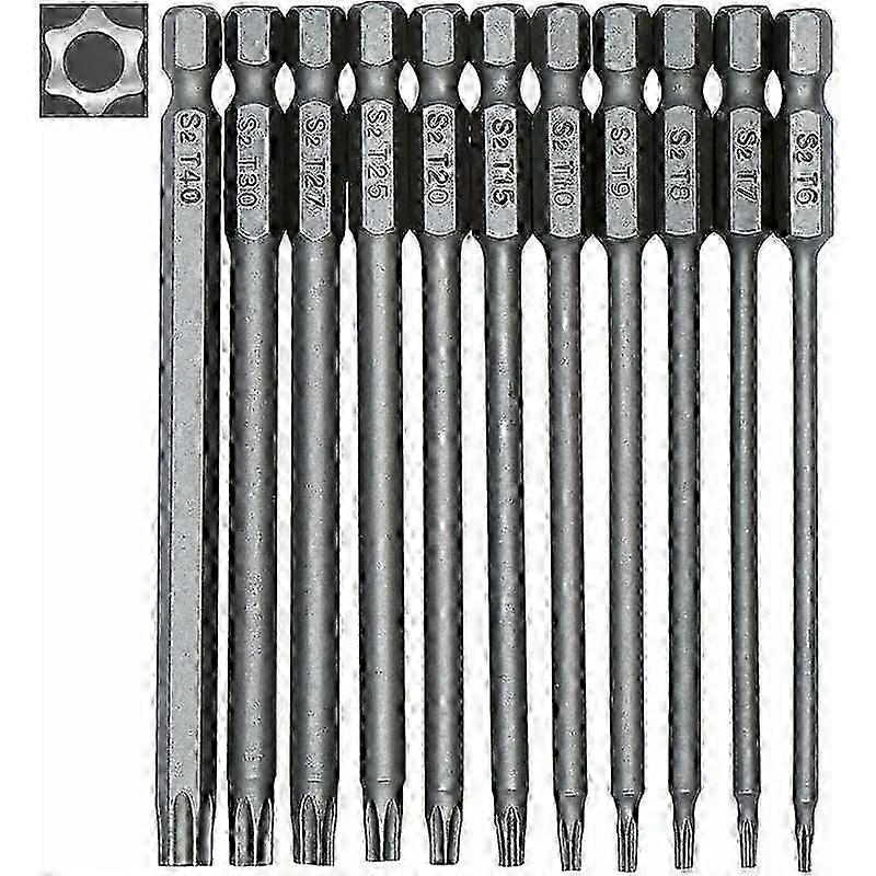 Set of 11 long Torx bits for screwdrivers and electric screwdrivers-Magnetic bits-1/4" hex shank-Sizes T6 to T40-Length 100 mm miao8