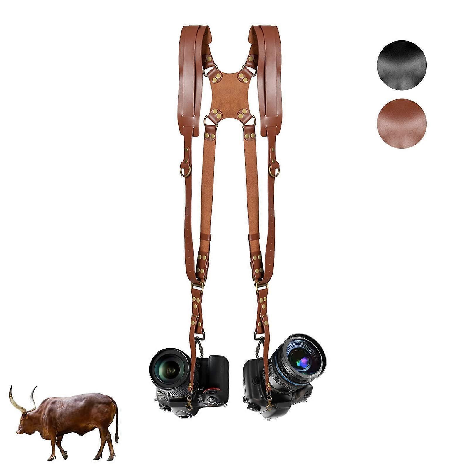 Leather Camera Strap Dual Camera Strap For Two DSLR/SLR Cameras Brown Neck And Shoulder