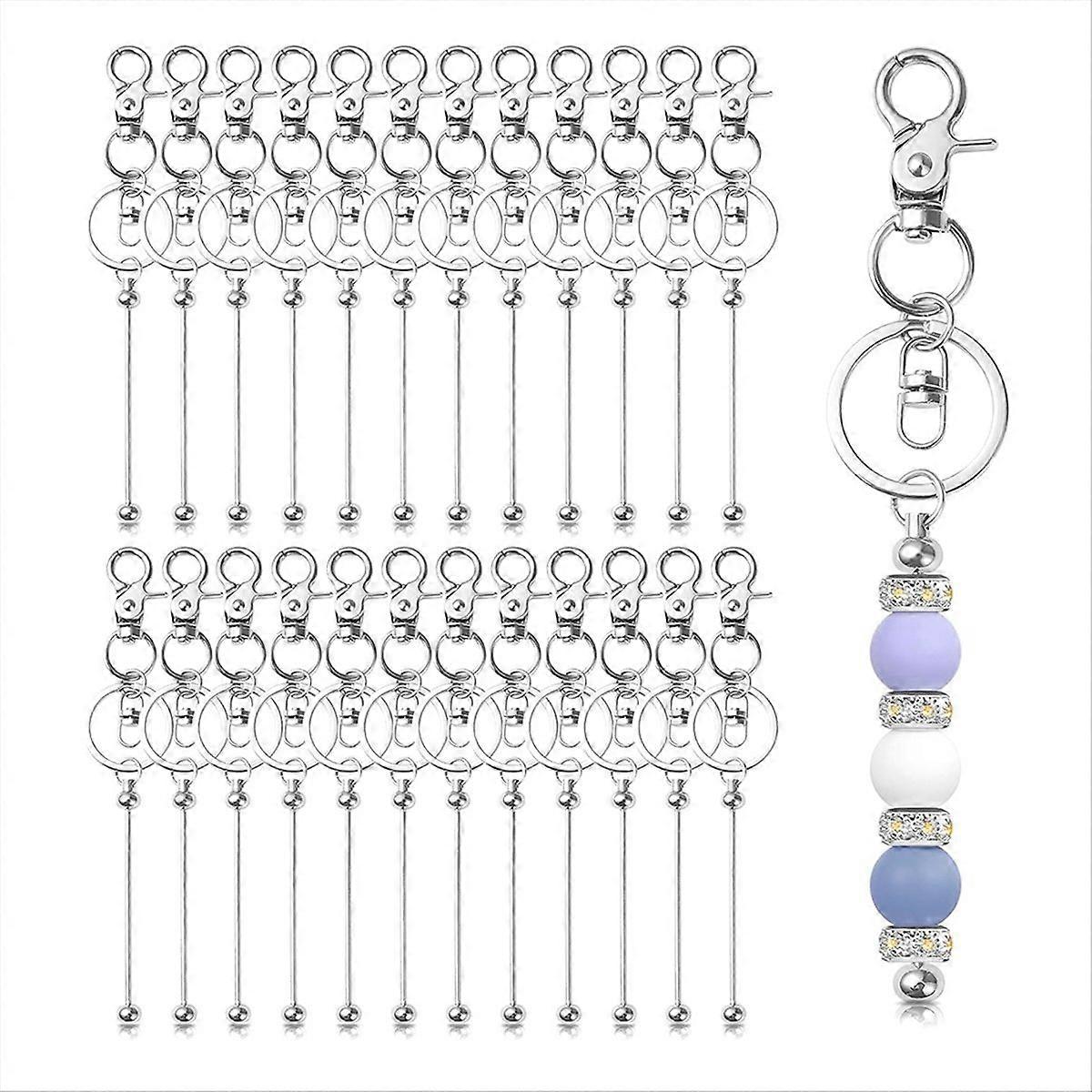 24pcs Beaded Keychains,DIY Blank Beaded Keychain Making Kit Silver