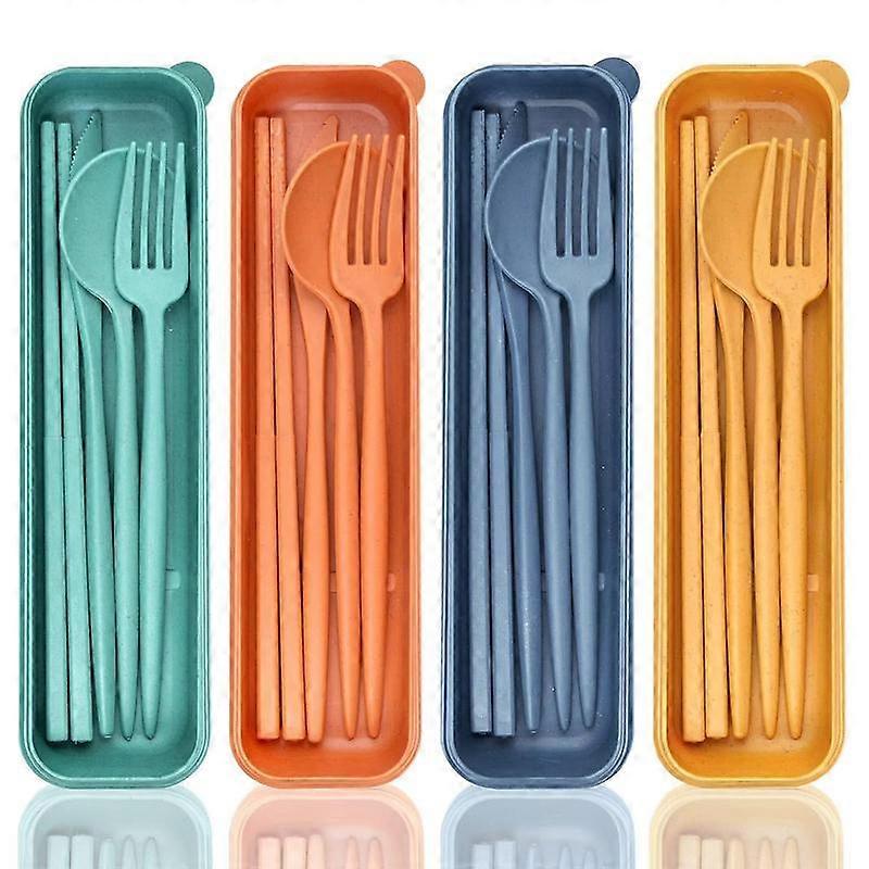 20PCS Cutlery Set, Reusable Travel Cutlery Set with Box, Travel Cutlery Set Spoon and Fork Set, Wheat Straw Portable Cutlery Set with Chopst