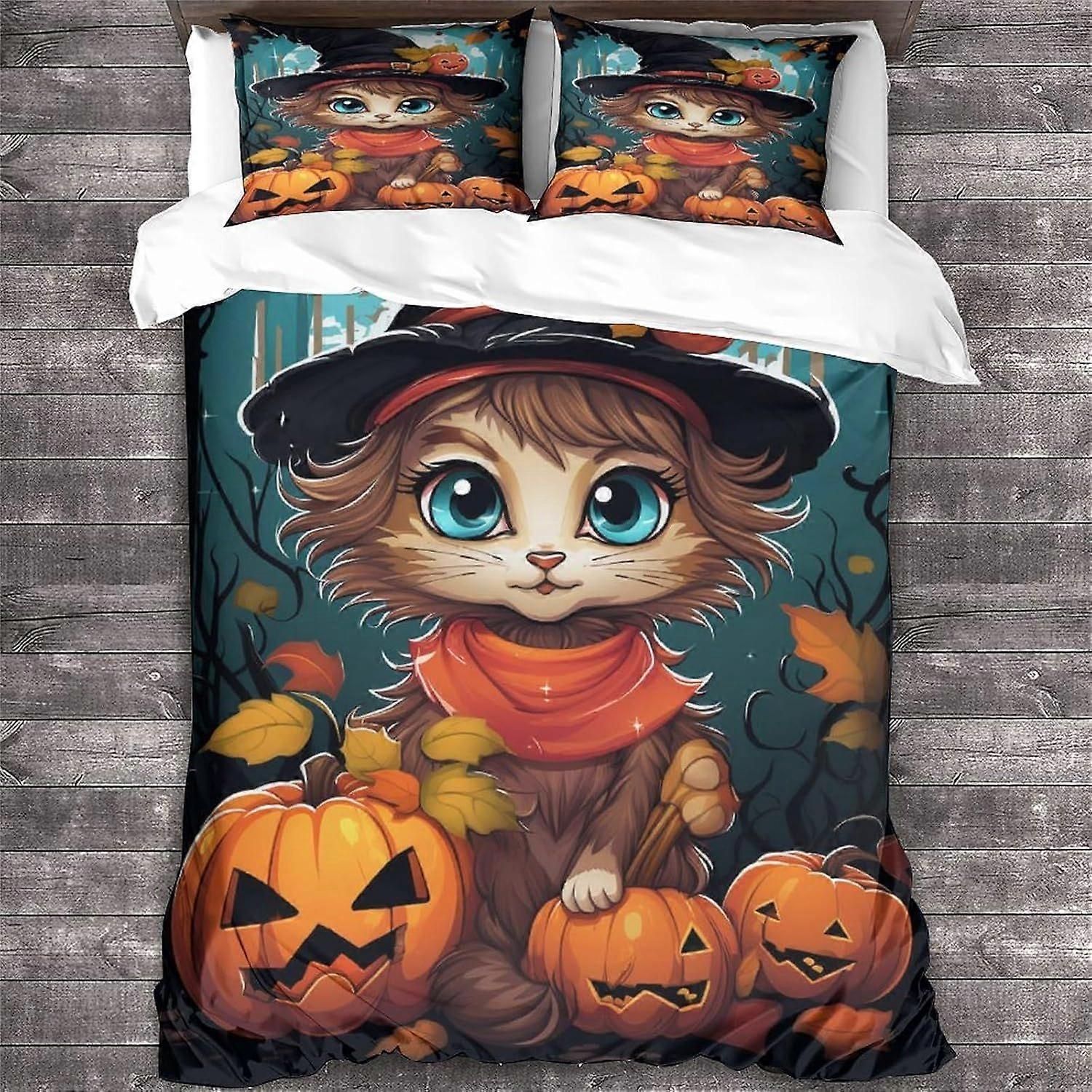 LikeEj Cat 3D Halloween Povlečení, 100% Mikrovlákno Povlečení S Polštářem 3ks Povlečení King
