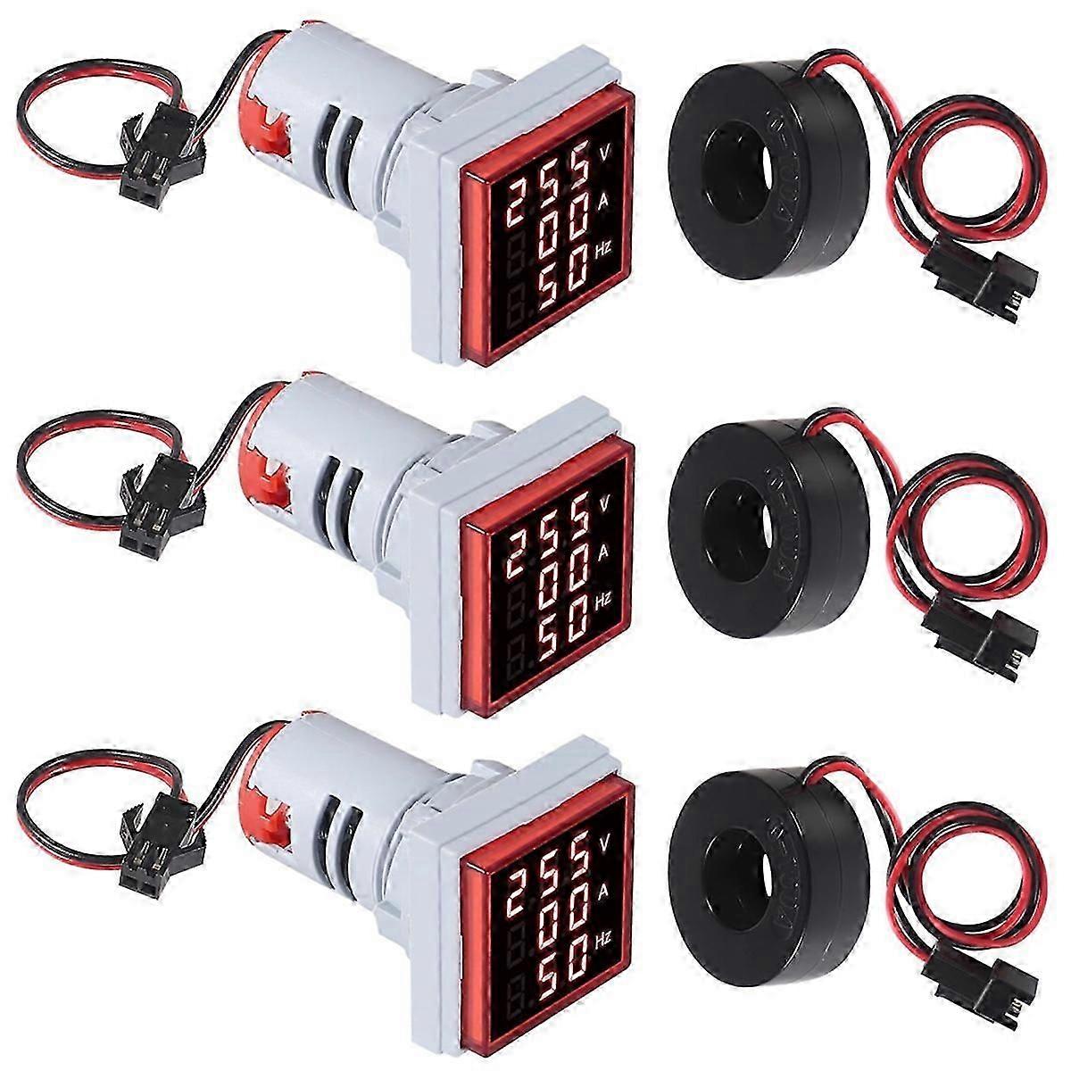3pcs 3 in 1 60-500V 0-100A AC Digital Ammeter Voltmeter, LED Display Voltage Detector Current Tester Gauge