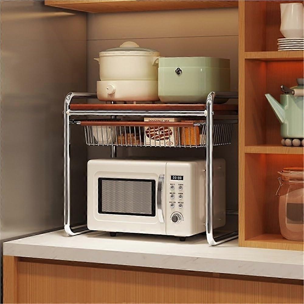 3Tier Microwave Oven Rack with Storage, Durable Carbon Steel Kitchen Shelf with Mesh Basket