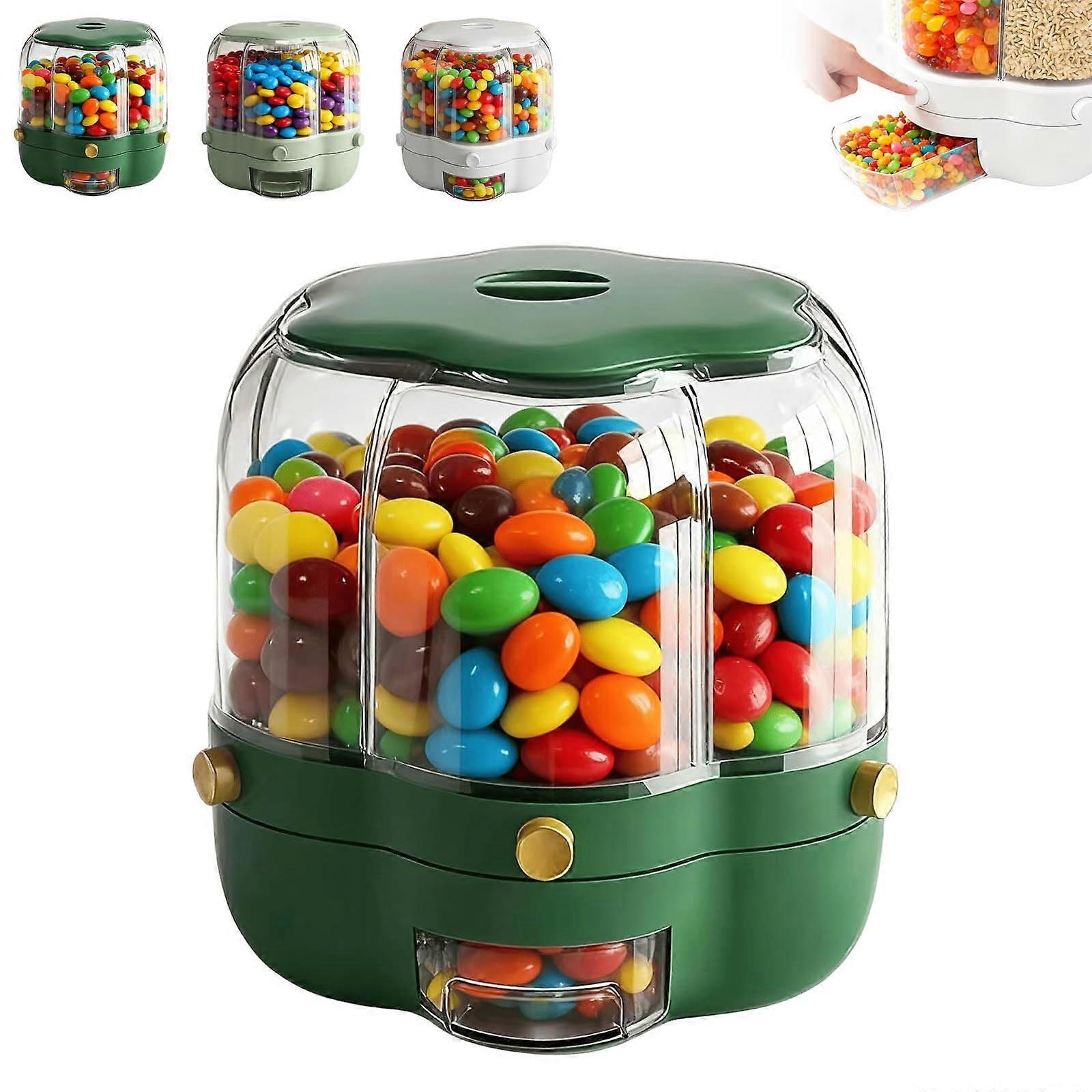 Candy Dispenser 360° Rotating with Six Airtight Compartments, OnePress Snack Organizer Dark Green Small