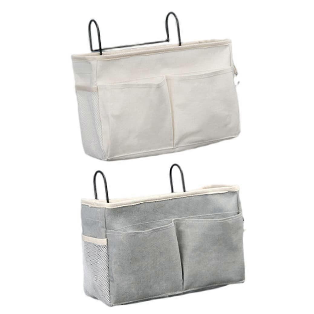 Bedside Storage Organizer with Hooks, Canvas Hanging Caddy with Multiple Pockets, 2PCS Grey White