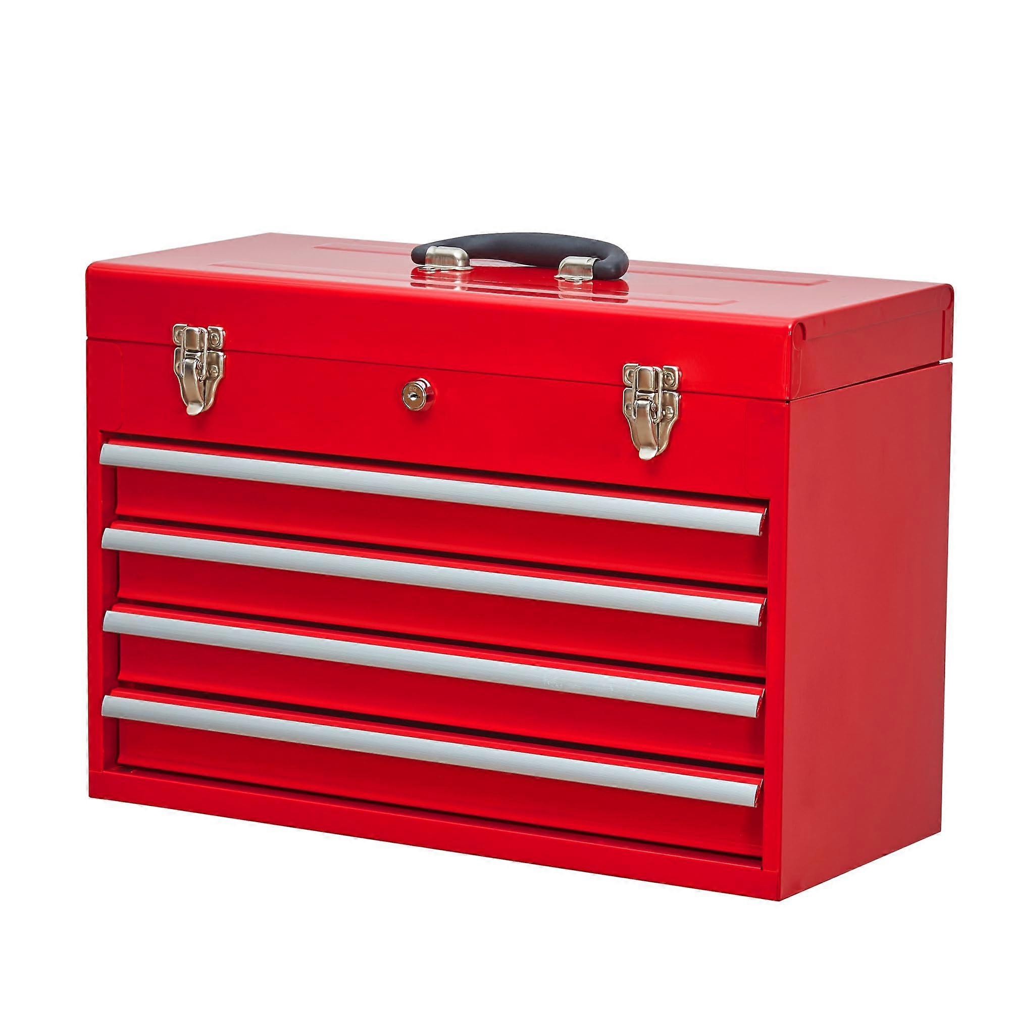 4 Drawer Locking Tool Box HeavyDuty Steel Portable Tool Chest with Key Lock for Garage  Red 20'