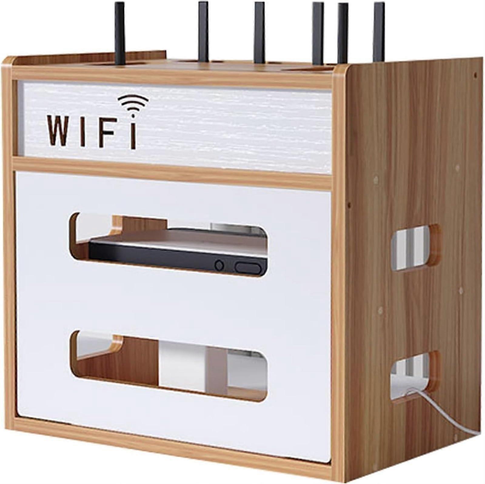 WiFi Router Storage Box Solid Wood Wall Mounted Shelf with Cable Management and Ventilated Design
