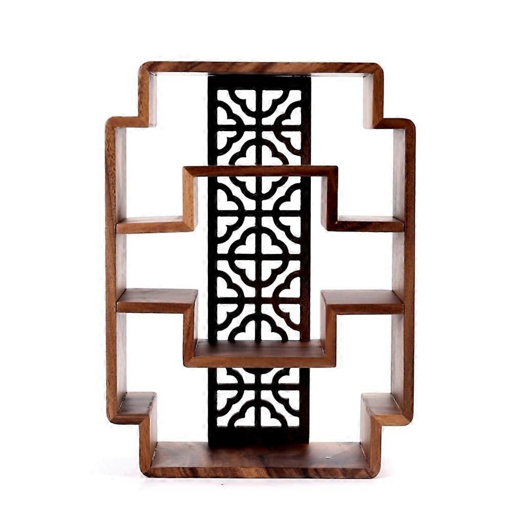 Solid Wood Display Shelf with Openwork Design, Brown Rack for Collectibles and Home Decoration