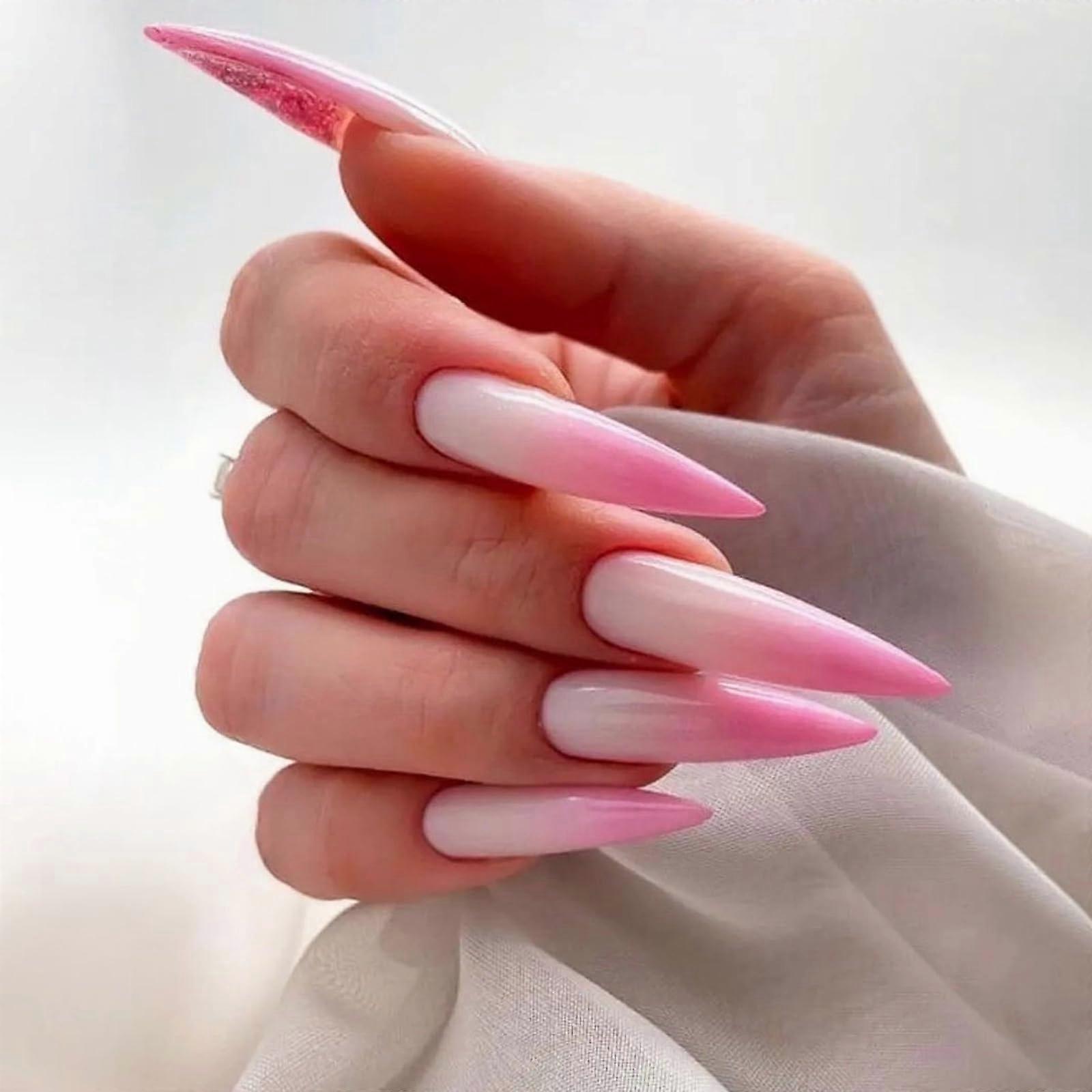 Long Stiletto Press On Nails Pink Ombre Gradient Acrylic False Nails 24 Pcs Quick Glue