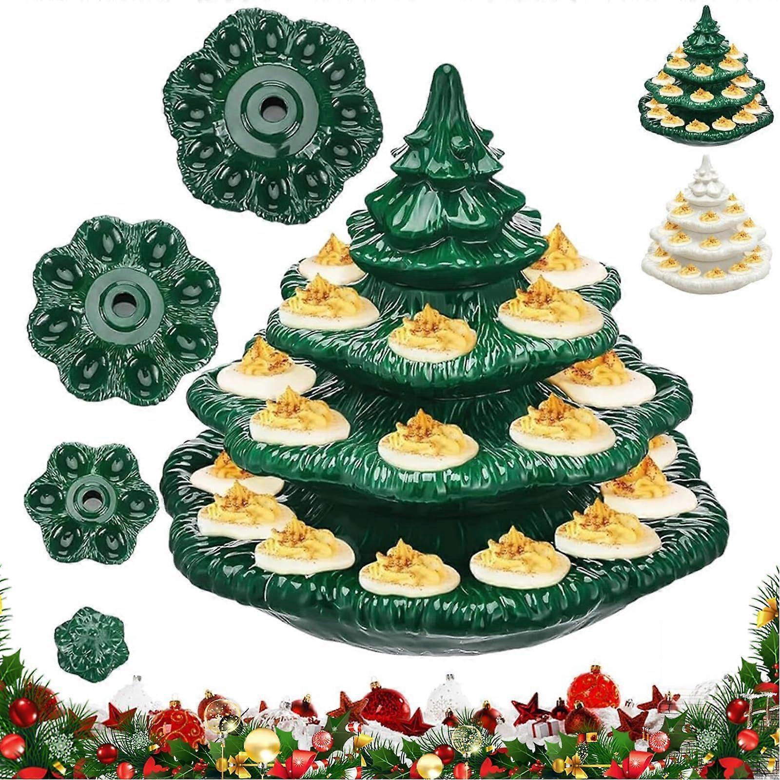 Christmas Deviled Egg Platter, Green Ceramic Christmas Tree Design, Large 26Egg Tiered Tray