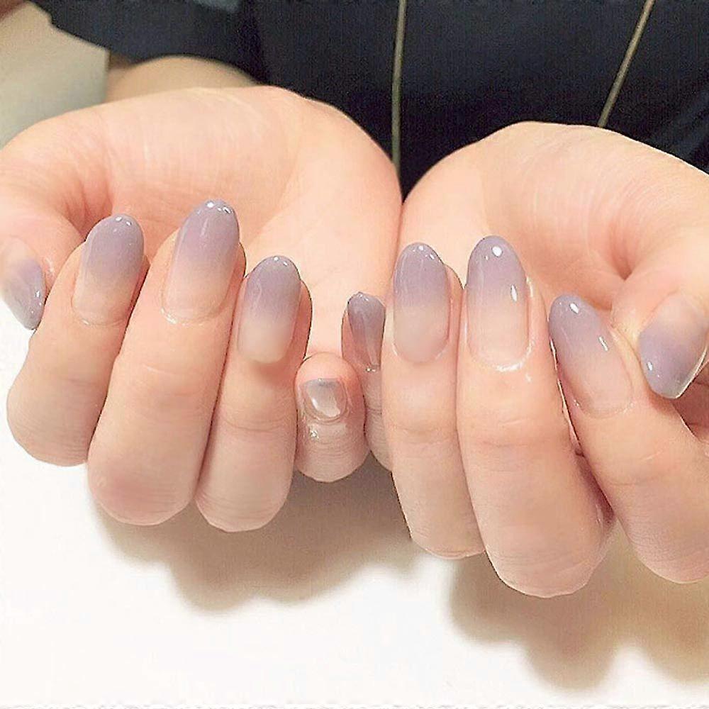 Nude Purple Gradient Press On Nails 24pcs Medium Long Round Shape Full Coverage Fake Acrylic Nails
