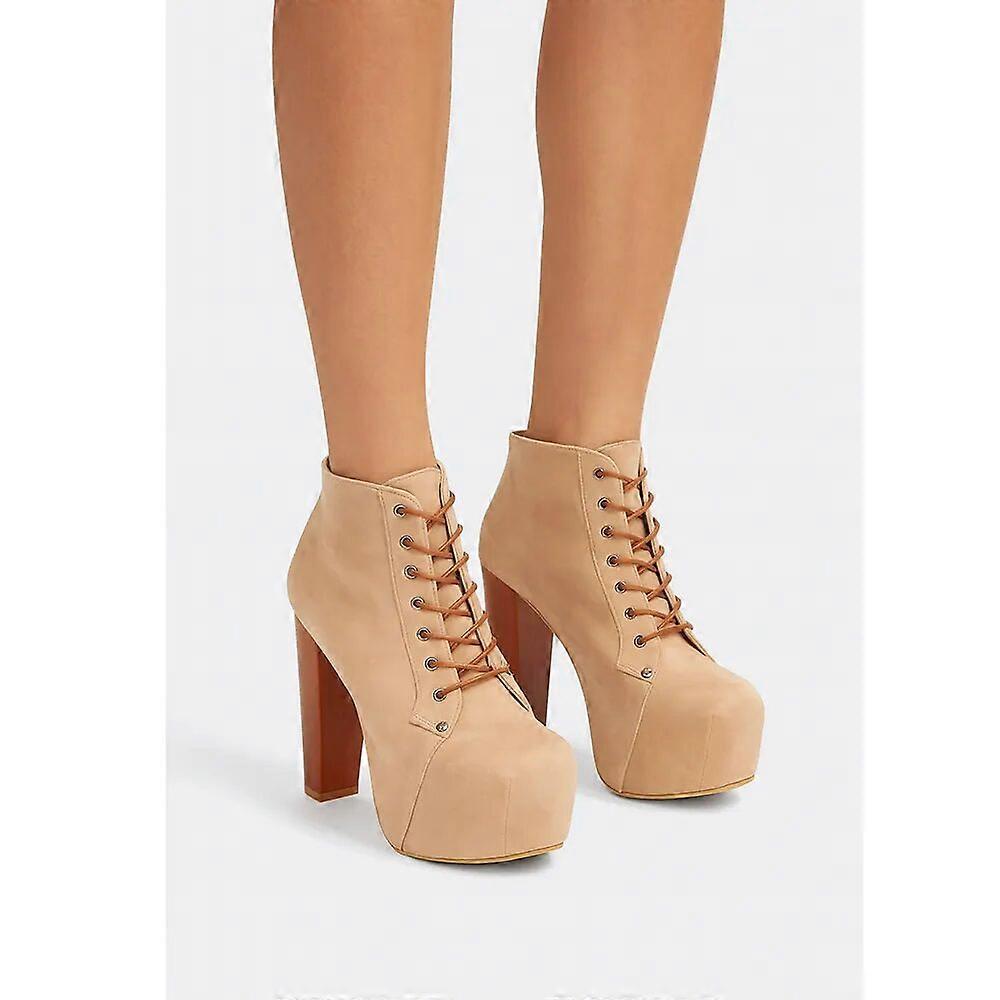 Beige Suede Platform Lace up Ankle Boots