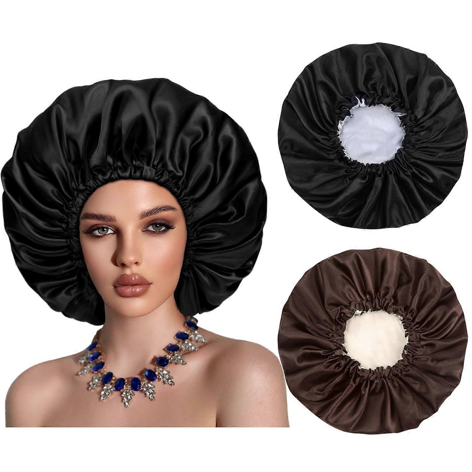 Extra Large Satin Bonnet Silk Hair Cap 2pcs Adjustable Double Layer for Braids Sleeping Black Coffee