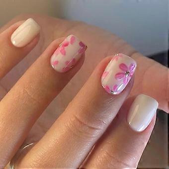 30 stuks korte vierkante kunstnagels van glanzend acryl met een schattig bloemmotief voor een instant salonlook