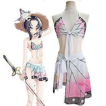 Anime Dämon Slayer Kimetsu No Yaiba Badeanzug Shinobu Kocho Cosplay Kostüm Frau Rückenlos Strand 2 Stück Cover Up Badeanzug