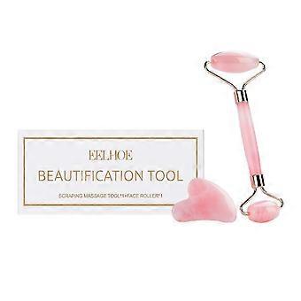Jade Roller - Rullo facciale rosa naturale, massaggiatore per la riduzione del rossore per viso, occhi, collo - con strumento Gua Sha